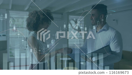 Image of financial data processing over diverse business people in office Image of financial data processing over diverse business people in office 116169673