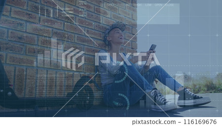 Image of data processing over biracial woman using smartphone Image of data processing over biracial woman using smartphone 116169676
