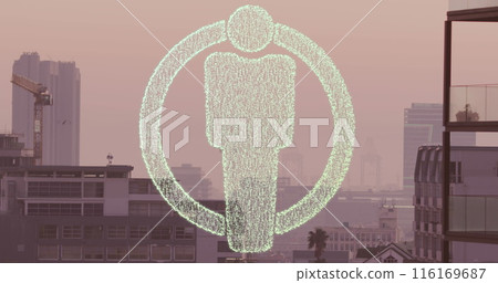 Image of dots forming male restroom icon in circle over modern buildings in background 116169687