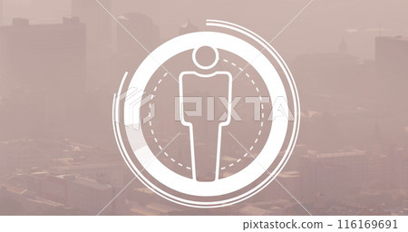 Image of male restroom icon in circles over fog covered modern city in background Image of male restroom icon in circles over fog covered modern city in background 116169691