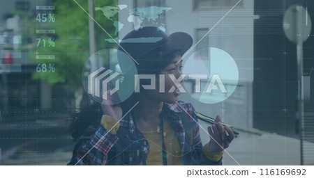 Image of data processing over biracial woman using smartphone Image of data processing over biracial woman using smartphone 116169692