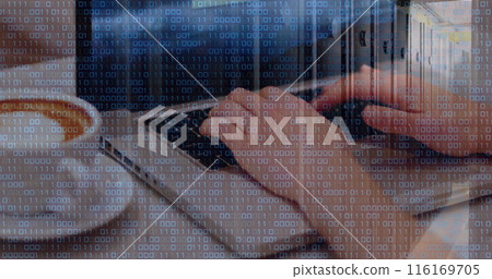 Image of binary coding data processing over mid section of a woman using laptop at a cafe 116169705