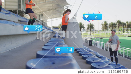 Image of notification bars over diverse coach whistling and woman running towards ground 116169756