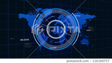 Data loading and processing over blue world map on black background 116169757