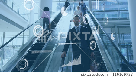 Image of graphs, loading bars and circles over caucasian man getting down using escalator 116169758