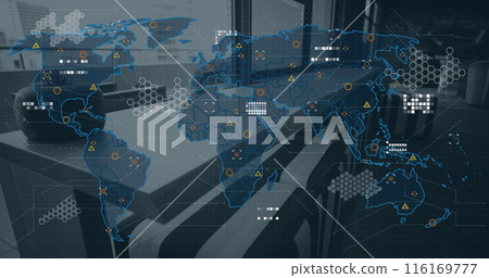 Image of world map and data processing over office 116169777
