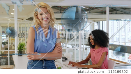 Image of sonars, computer language over diverse coworkers standing and working on desktop Image of sonars, computer language over diverse coworkers standing and working on desktop 116169802