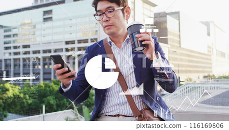 Image of financial data processing over asian businessman using smartphone in city 116169806