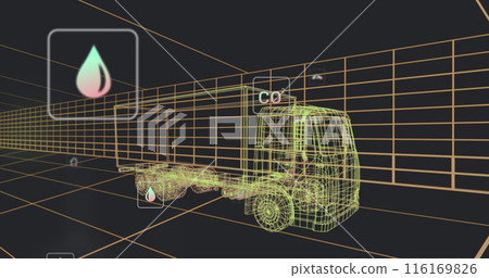 Image of multiple digital icons over 3d truck model moving in seamless pattern in tunnel 116169826