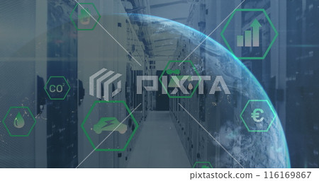Image of sustainable icons in hexagons and globe over server room 116169867