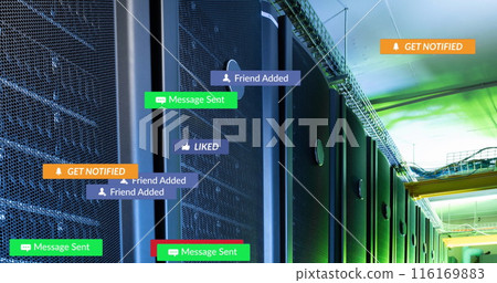Image of social media icons against computer server room Image of social media icons against computer server room 116169883