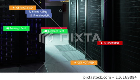 Image of social media icons against computer server room Image of social media icons against computer server room 116169884