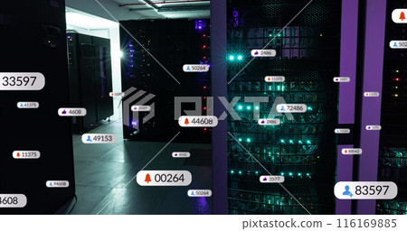 Image of notifications icons and numbers over data server systems Image of notifications icons and numbers over data server systems 116169885