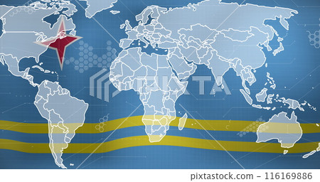 Image of world map and data processing against waving aruba flag background 116169886