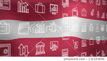 Image of interface with multiple digital icons against waving austria flag background 116169890