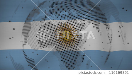 Image of spinning globe and data processing against waving argentina flag background Image of spinning globe and data processing against waving argentina flag background 116169891