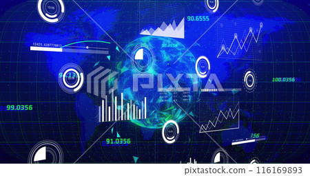 Image of graphs, loading circles and bars with connected dots globe over blue map 116169893