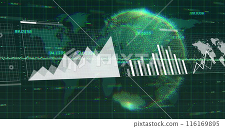 Image of graphs, map, loading bars, globe and map with numbers over black background 116169895