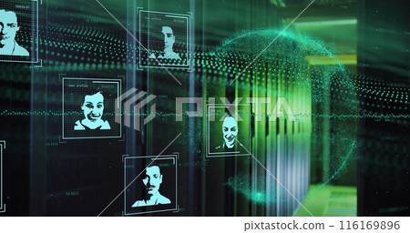 Image of digital profile picture with graph and changing numbers over dynamic waves and globe Image of digital profile picture with graph and changing numbers over dynamic waves and globe 116169896