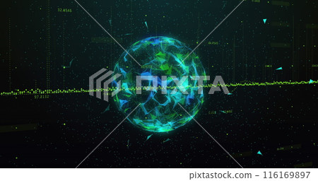 Image of graph and globe over loading circles and bars with graphs on black background Image of graph and globe over loading circles and bars with graphs on black background 116169897