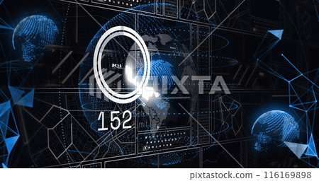 Image of loading circles with changing numbers over connected dots and globes Image of loading circles with changing numbers over connected dots and globes 116169898