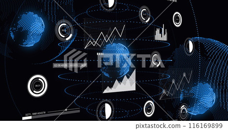 Image of multiple graphs, loading bars, circles and multiple globes over black background Image of multiple graphs, loading bars, circles and multiple globes over black background 116169899