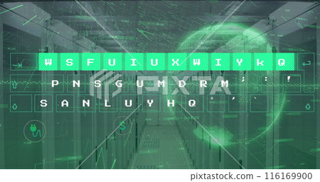 Image of illuminated pattern on keyboard with graph, icons and globe over server room Image of illuminated pattern on keyboard with graph, icons and globe over server room 116169900