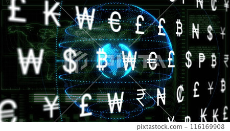 Image of currency symbols over globe against interface with world map and data processing 116169908