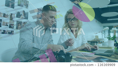 Image of infographic interface, caucasian coworkers discussing about photo in office 116169909