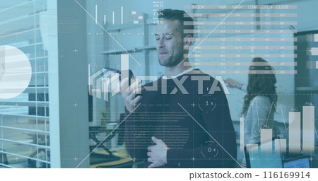 Image of infographic interface, smiling caucasian man talking on speaker of cellphone in office Image of infographic interface, smiling caucasian man talking on speaker of cellphone in office 116169914