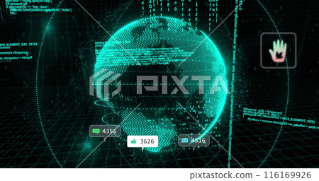Image of social media icons over spinning globe and data processing against black background 116169926