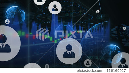 Image of profile icons floating over spinning globe and data processing against black background 116169927