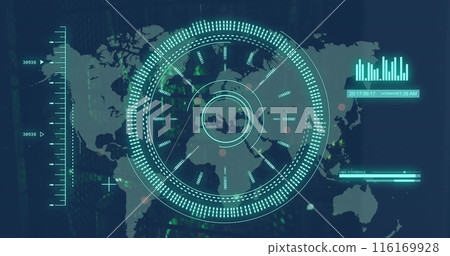 Image of loading circles and bars over changing numbers , graph and map 116169928