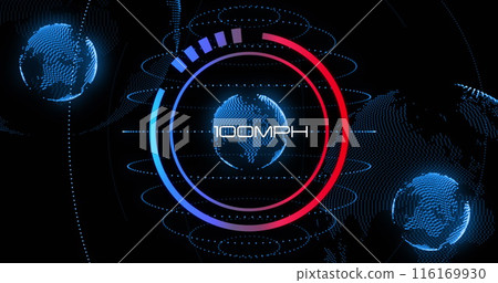 Image of changing numbers and globe in loading circles over globes against black background Image of changing numbers and globe in loading circles over globes against black background 116169930