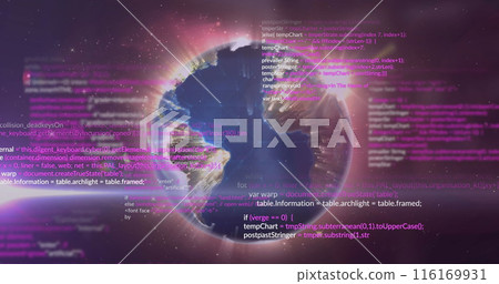 Image of changing numbers with computer language over rotating globe against space Image of changing numbers with computer language over rotating globe against space 116169931