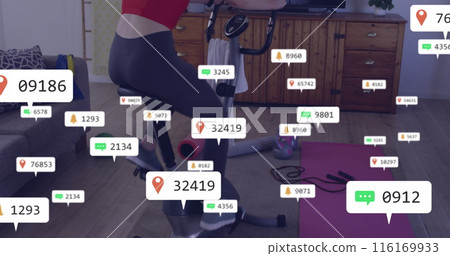 Image of notification bars over caucasian woman cycling while watching television 116169933