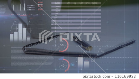Image of infographic interface over pen on book and coffee cup on table 116169958