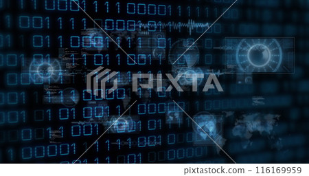 Image of binary codes, radars, maps, globes and computer language over black background Image of binary codes, radars, maps, globes and computer language over black background 116169959