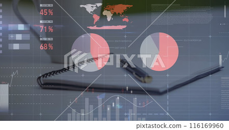 Image of infographic interface over pen on book and coffee cup on table 116169960