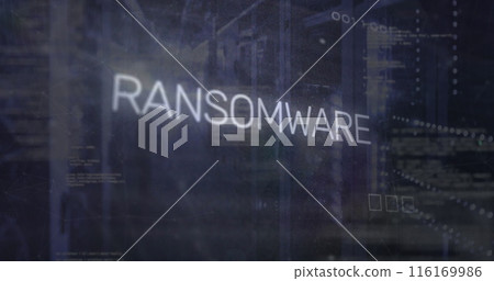 Image of ransomware text, computer language, binary codes, circuit board pattern, server room 116169986