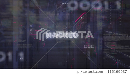 Image of hacked text, binary codes and computer language, circuit board pattern over server room 116169987