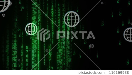 Image of globe icons over falling changing numbers and binary codes over black background 116169988