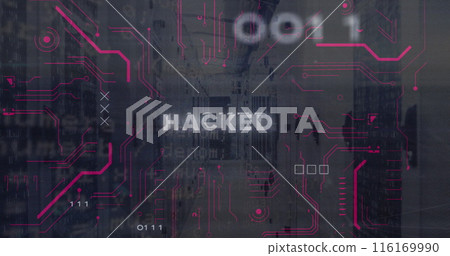 Image of hacked text, computer language, binary codes, circuit board pattern over server room 116169990