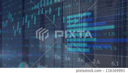 Image of multiple graphs and trading board over data server room Image of multiple graphs and trading board over data server room 116169991