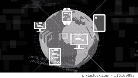 Image of icons, rotating globe and computer language over black background Image of icons, rotating globe and computer language over black background 116169992