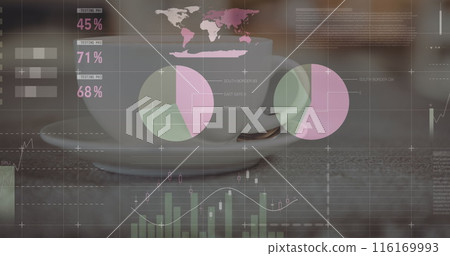 Image of statistical data processing against close up of a coffee cup on a tablet Image of statistical data processing against close up of a coffee cup on a tablet 116169993