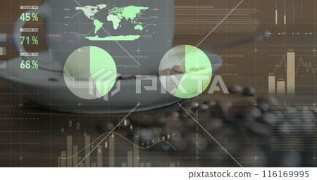 Image of multicolored infographic interface over coffee beans and cup on table Image of multicolored infographic interface over coffee beans and cup on table 116169995