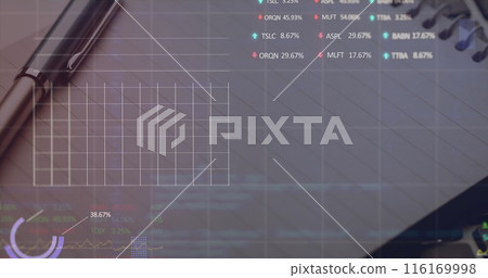 Image of multiple graphs with changing numbers and trading board over pen on notepad Image of multiple graphs with changing numbers and trading board over pen on notepad 116169998