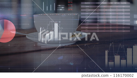 Image of statistical data processing against close up of a coffee cup on a tablet 116170002