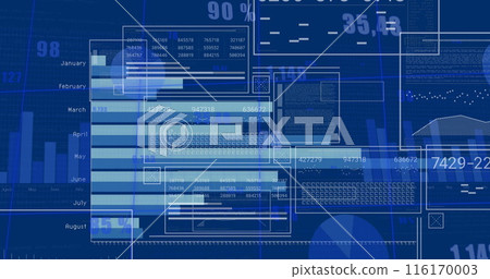 Image of graphs, months names, changing numbers, loading circles and bars over blue background Image of graphs, months names, changing numbers, loading circles and bars over blue background 116170003